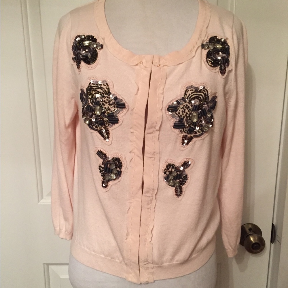 BODEN SWEATER CARDIGAN CROPPED PINK EMBELLISHED FLOWER 3/4 SLEEVE S fit Tagged 8